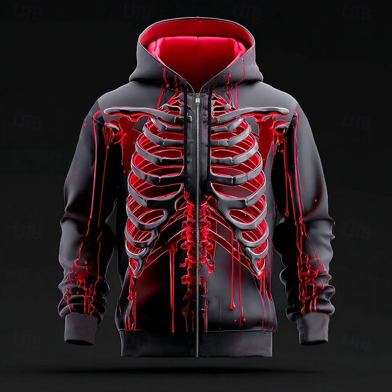 Halloween Men's 3D Skeleton Hoodie Sweatshirt Punk Cool Crew Neck Party Gift Streetwear Red Blue Drawstring Zipper Fall Winter Designer