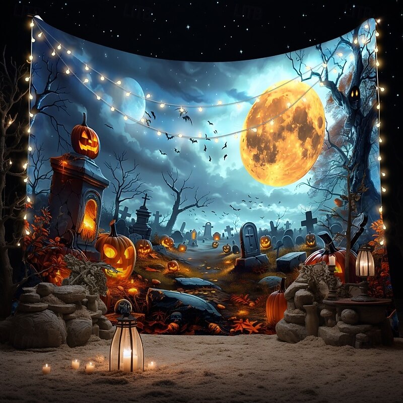 Halloween Cemetery Wall Tapestry Backdrop – Spooky Graveyard with Glowing Jack-o'-Lanterns, Full Moon and Bats, Haunted Scene Wall Hanging for Party and Home Decoration3