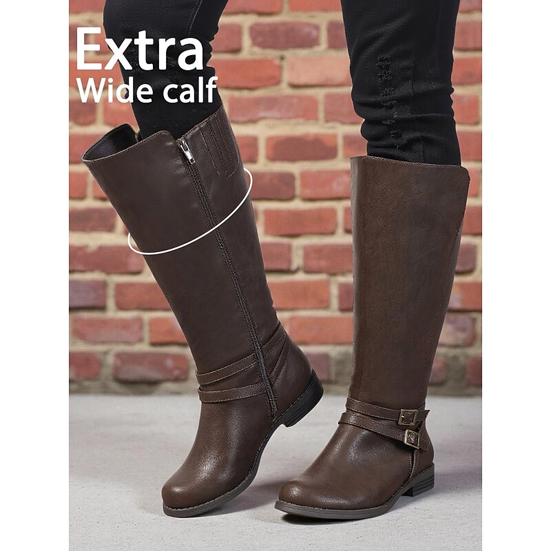 Women's Brown Extra Wide Calf Knee High Boots with Side Zipper and Buckle – Casual Comfortable Riding Boots for Work, Streetwear and Daily Wear