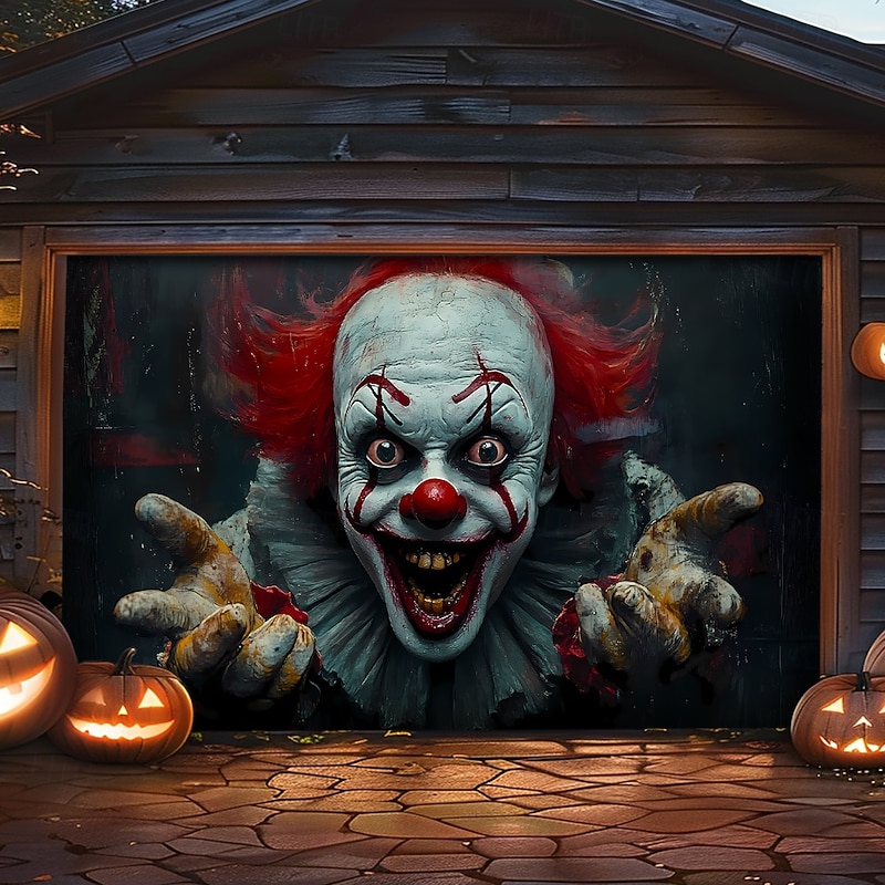 Halloween Garage Door Cover Large Hanging Backdrop Clown 3D Dark Punk Gothic Style Party Outdoor Shooting Backgrounds Yard Haunted House Home Decor