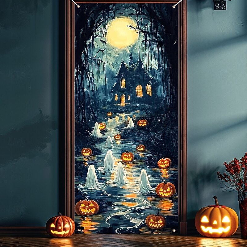 Halloween Door Decorations Halloween Door Covers Door Tapestry Pumpkins Forest Door Curtain Decoration Backdrop Door Banner for Front Door Farmhouse Holiday Party Decor Supplies4