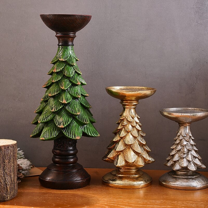 Christmas Desktop Window Display Faux Christmas Tree Resin Statue Home Decor Accent Christmas Tree Candle Holder Small Round Candle Stand for Holiday Parties and Celebrations