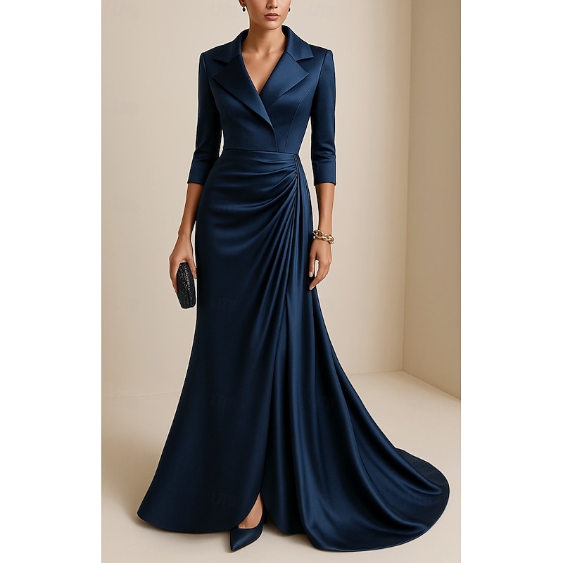 Tuxedo Dress Mermaid / Trumpet Trumpet Formal Wedding Wedding Guest Satin Elegant Vintage 3/4 Length Sleeve Floor Length Notched Lapels