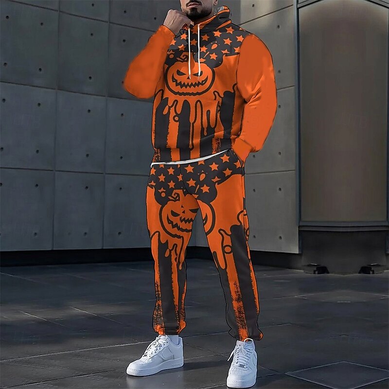 Halloween Men's Pumpkin Smile 2pcs 3D Sweatshirt Sets Tracksuit Hoodie Sweatshirt Long Sleeve Long pants Hooded Casual Daily Athleisure Festival Outfit 3D Print Spring Fall Winter Orange