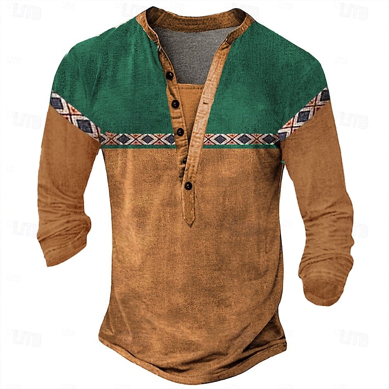 Men's Geometric Print T Shirt Henley Shirt Long Sleeve Designer Retro Vintage Ethnic Street Casual Daily Summer Spring Fall Black Green Navy Blue Brown Light Grey Henley Henley T-Shirt2