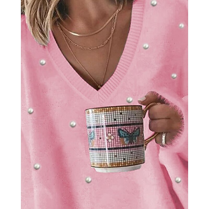 Women's Sweater Pullover Sweatshirt Fuzzy Cozy T Shirt Plain Ribbed Knitted Casual Long Sleeve V Neck Tops Daily Going out Weekend Lace Pink Oversized Fall Winter2