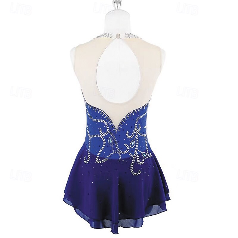 Figure Skating Dress Women's Girls' Ice Skating Dress Blue Patchwork Open Back Mesh Spandex Stretchy Training Practice Professional Skating Wear Thermal Warm Crystal / Rhinestone Sleeveless Ice2