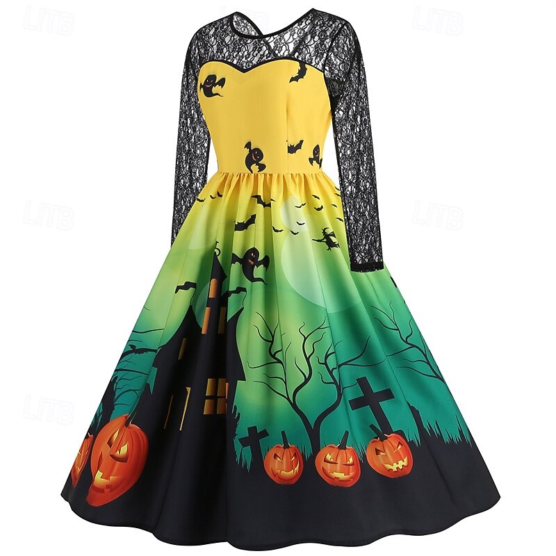 Women's Mini Dress Lace Dress Swing Dress Print Dress Fashion Modern Halloween Daily Beach Regular Fit Pumpkin Long Sleeve Crew Neck Yellow Spring Fall2