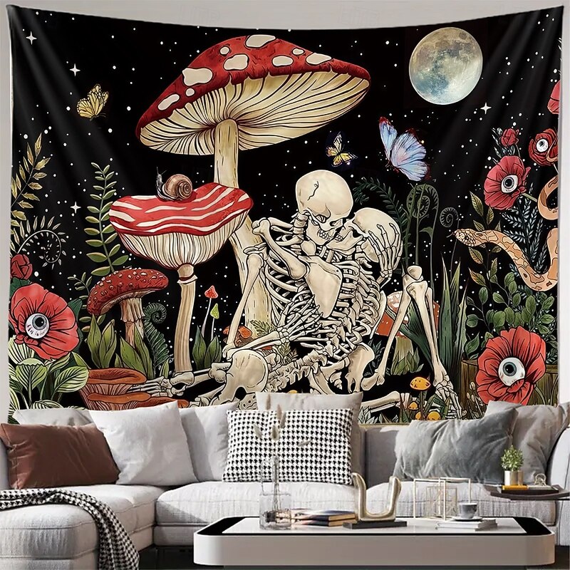 Halloween Tapestry Wall Hangings Skeleton Mushroom Vintage Boho Mystic Bedroom Living Room Dorm Home Decor