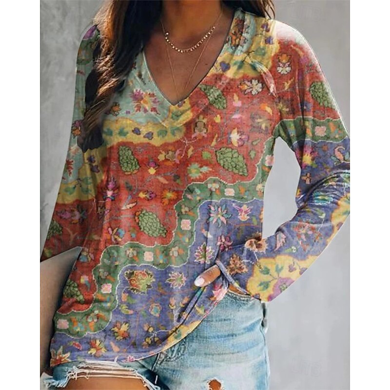 Women's T Shirt V Neck Long Sleeve Graphic Casual Floral Plants Elegant Bohemia Vintage Regular Tops Daily Going out Weekend Print Maroon Grass Green Red Purple Orange Summer Spring Fall3