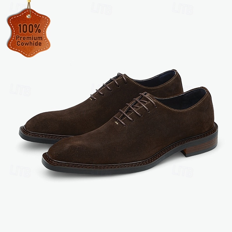 Men's Suede Leather Oxford Dress Shoes - Genuine Cowhide Business Formal Lace-Up Footwear for Classic Office Wear