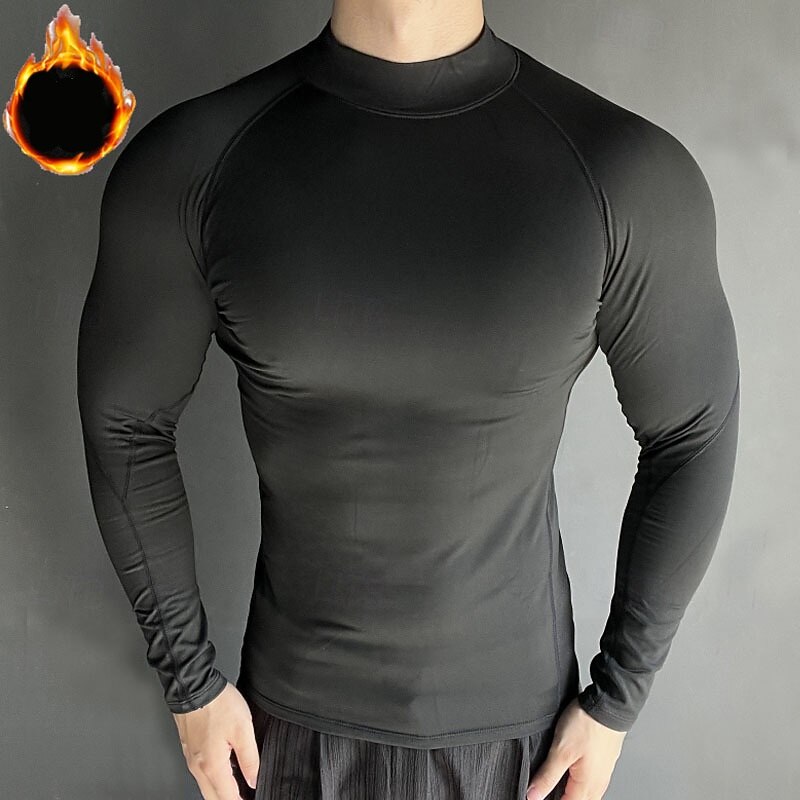 Men's Compression Shirt Fleece Base Layer Workout Tops Long Sleeve Top Athleisure Solid Colored Quick Dry Warm Gym Basketball Athletic Sportswear Activewear Black Black+Gray Red+Black2
