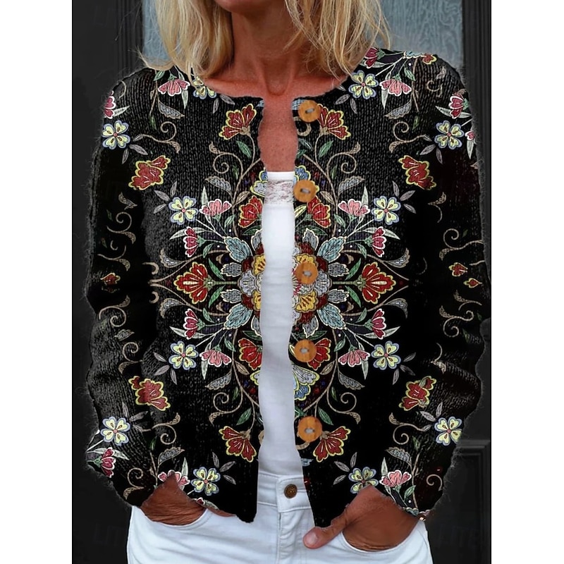 Women's Cardigan Sweater Knitted Ribbed Button Front Round Neck Long Sleeve Lightweight Elegant Vintage Daily Floral Graphic Geometric rint Knit Outdoor Daily Holiday Black Purple Spring Fall