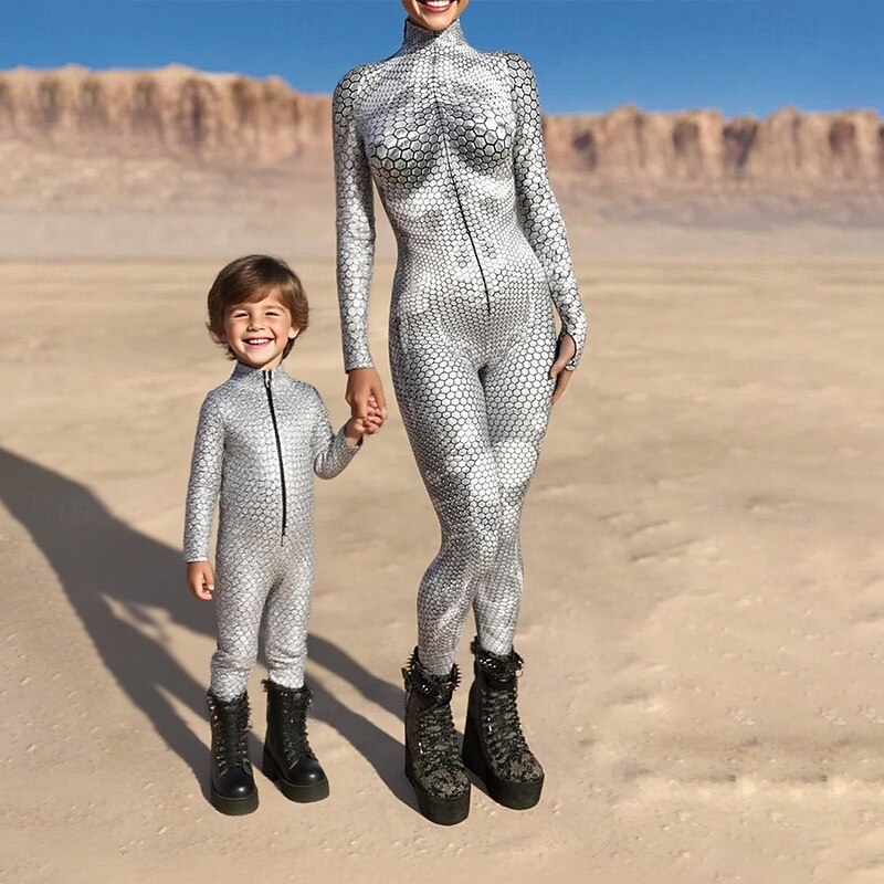 Family Halloween Jumpsuit Halloween pattern Street Print White Blue Green Long Sleeve Matching Outfits