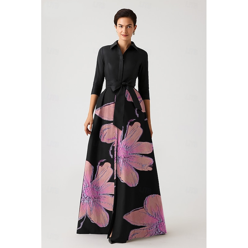 A-Line Mother of the Bride Evening Gown Elegant Dress Formal Wedding Floor Length Half Sleeve Shirt Collar Pocket Nylon with Floral Print Bow(s)3