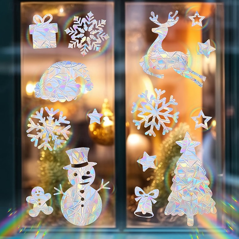 Christmas Sun Catcher Window Clings for Glass Windows Decorations Iridescent Static Snowflake Window Decal Stickers for Christmas Windows Decor