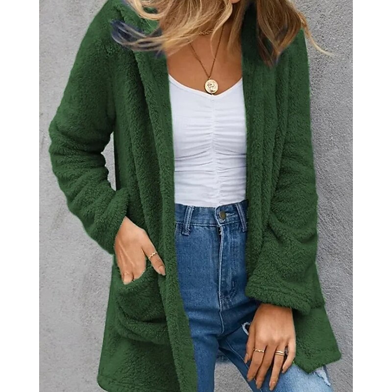 Women's Winter Coat Hoodie Jacket Warm Comfortable Pocket Casual Plain Daily Wear Going out Casual Daily Weekend Open Front Long Hooded Regular Fit Long Sleeve Outerwear Navy Red Green Fall Winter2