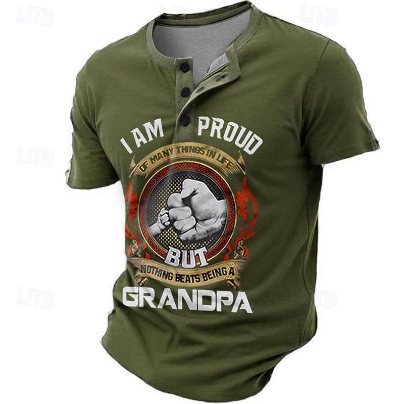 Papa Shirts Grandpa Word Daily Henley Street Style Men'S 3D Print T Shirt Tee T Shirt Green Short Sleeve Henley Collar Shirt Summer Spring Clothing Apparel S M L Xl Xxl 3Xl