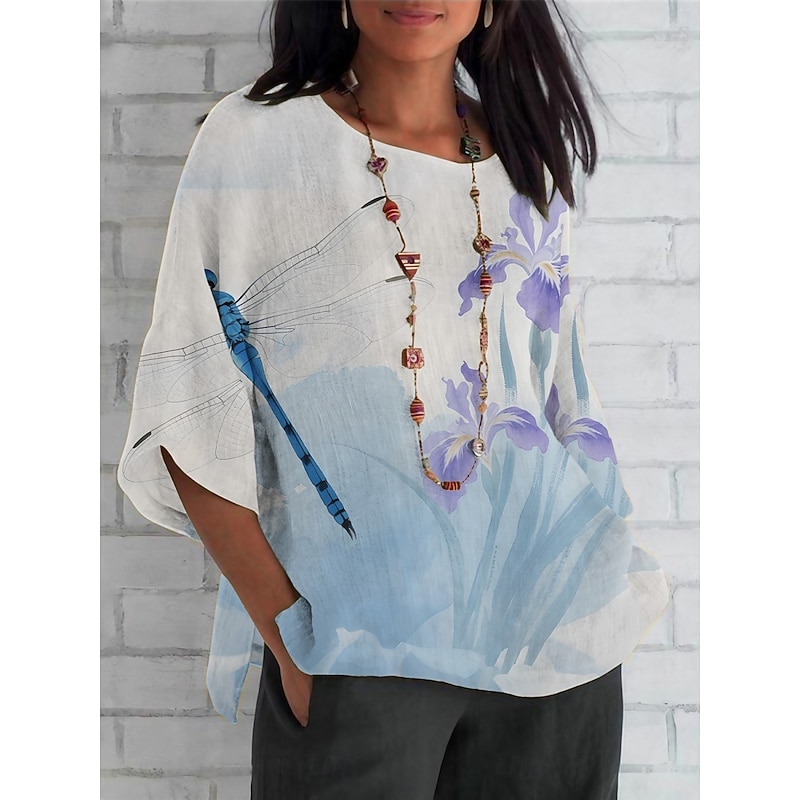 Women's Shirt Dragonfly Daily Casual 3/4 Length Sleeve Crew Neck Regular Tops Daily Holiday Print White Blue Sky Blue Light Blue Summer Spring Fall4