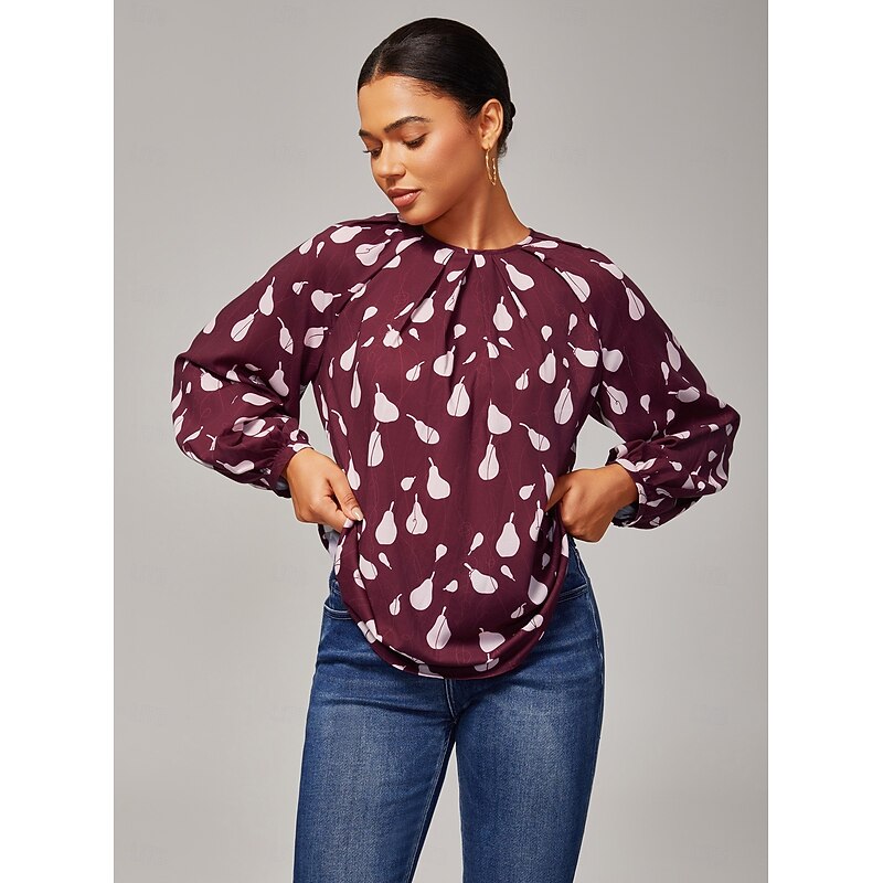 Women's Top Casual Loose Fit Pear Print Long Sleeve Wine Red2