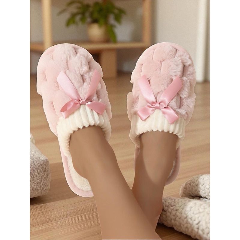Women's Pink Plush House Slippers – Furry Indoor Winter Slippers with Satin Bow for Bedroom, Lounge and Cozy Home Wear3