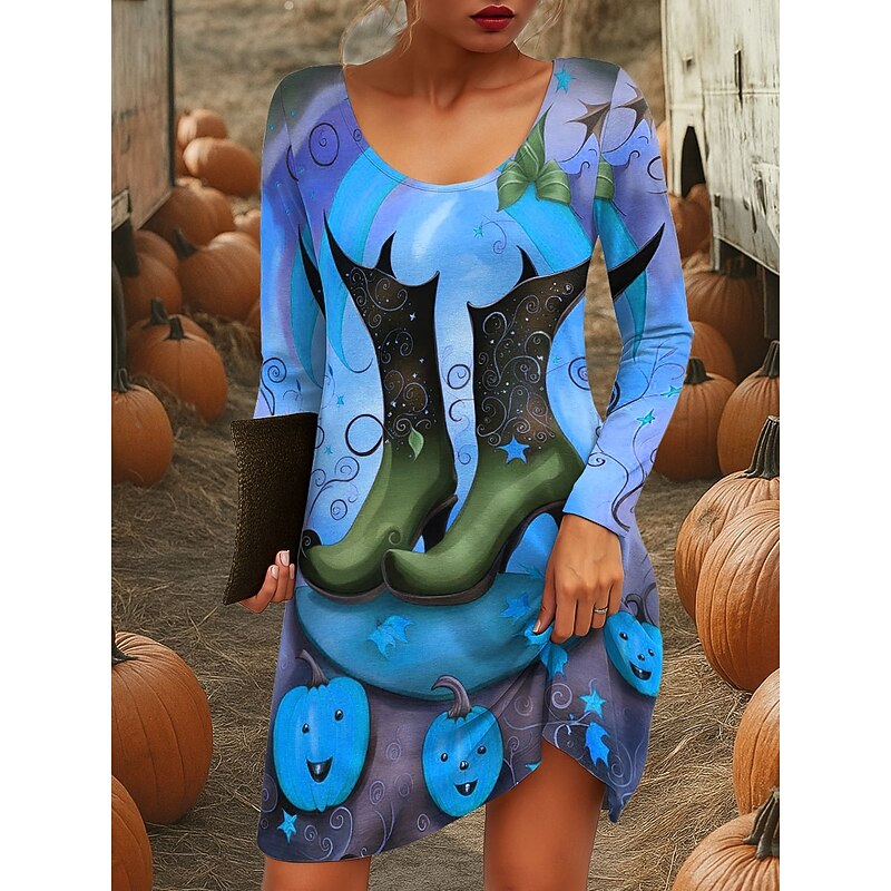 Halloween Women's Witch Print Mini Dress Crew Neck Long Sleeve T Shirt Dress Tee Dress A Line Dress Casual Daily Going out Regular Fit Graphic Pumpkin Blue Purple Orange Green Fall Winter2