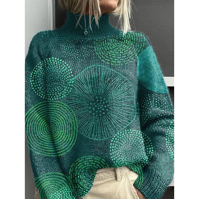 Women's Pullover Vacation Daily Geometric Color Block Ribbed Turtleneck Print Long Sleeve Regular Tops Knit Outdoor Daily Holiday Blue Brown Fall Winter3