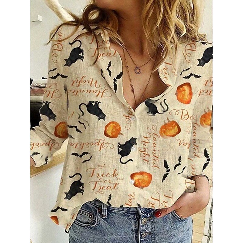 Halloween Women's Shirt Black Cat Print Button Down Tunic Shirt Collar Long Sleeve Graphic Cat Pumpkin Elegant Vintage Tropical V Neck Regular Tops Daily Holiday Print Yellow Orange Spring Fall2