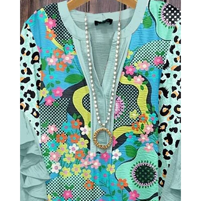 Women's T Shirt Floral Fashion Modern 3/4 Length Sleeve V Neck Regular Tops Daily Ruffle Print Green Summer3