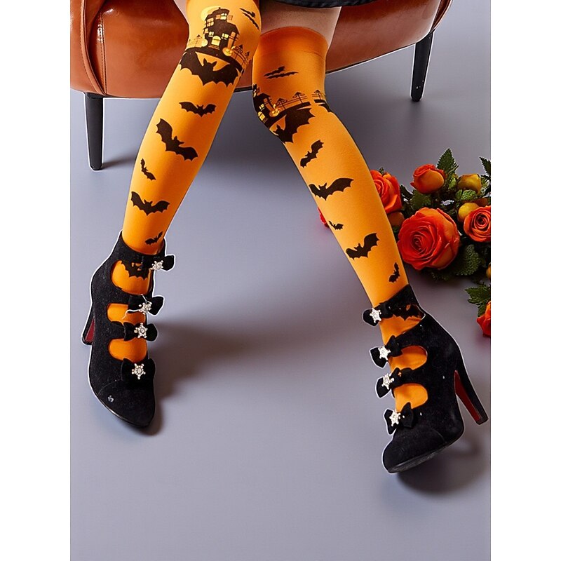 Women's Orange Over-the-Knee Socks with Black Bat and Haunted House Print, Fun Halloween Party Hosiery