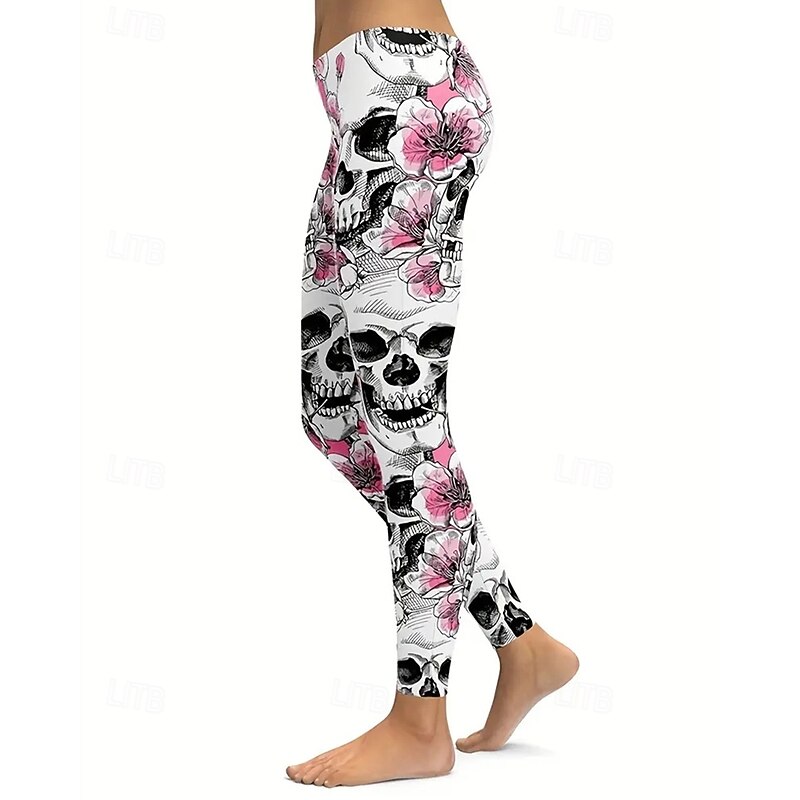 Women's Pants Trousers Leggings Cozy Leggings Streetwear Casual Full Length High WaistPantsHalloween Floral Skull Elastic Waist Print Breathability Comfortable Stretchy Vacation Street Daily Wear2