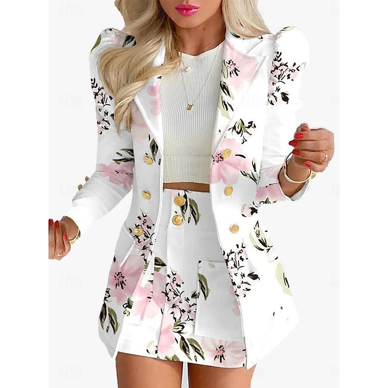 Women's Suits Blazer Comfortable Breathable Pocket Print Fashion Casual Floral Office Street Casual Daily Wear Single Breasted Short Turndown Regular Fit Long Sleeve Outerwear Black White Yellow