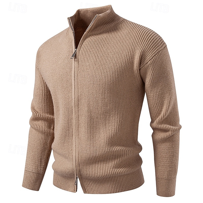 Men's Cardigan Sweater Cropped  Sweater Zip Sweater Knit Sweater Ribbed Knit Regular Tops Plain Stand Collar Fashion Classic Vacation Daily Wear Clothing Apparel Winter Black Red S M L2