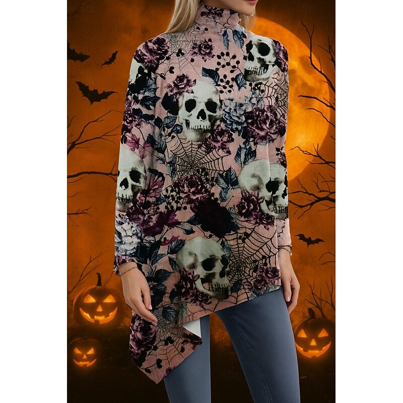 Halloween Women's Blouse Floral Graphic Elegant Active Stylish Long Sleeve Turtleneck Regular Tops Party Evening Wear Daily Going out Asymmetric Hem Pink Spring Fall Winter Spring, Fall