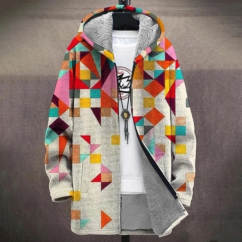 Men Graphic Geometic Winter Coat Fleece Jacket Coat Thermal Warm Comfortable Casual Daily Wear Zipper Pocket 3D Print Fall Winter Hooded Long Sleeve Red Blue Green
