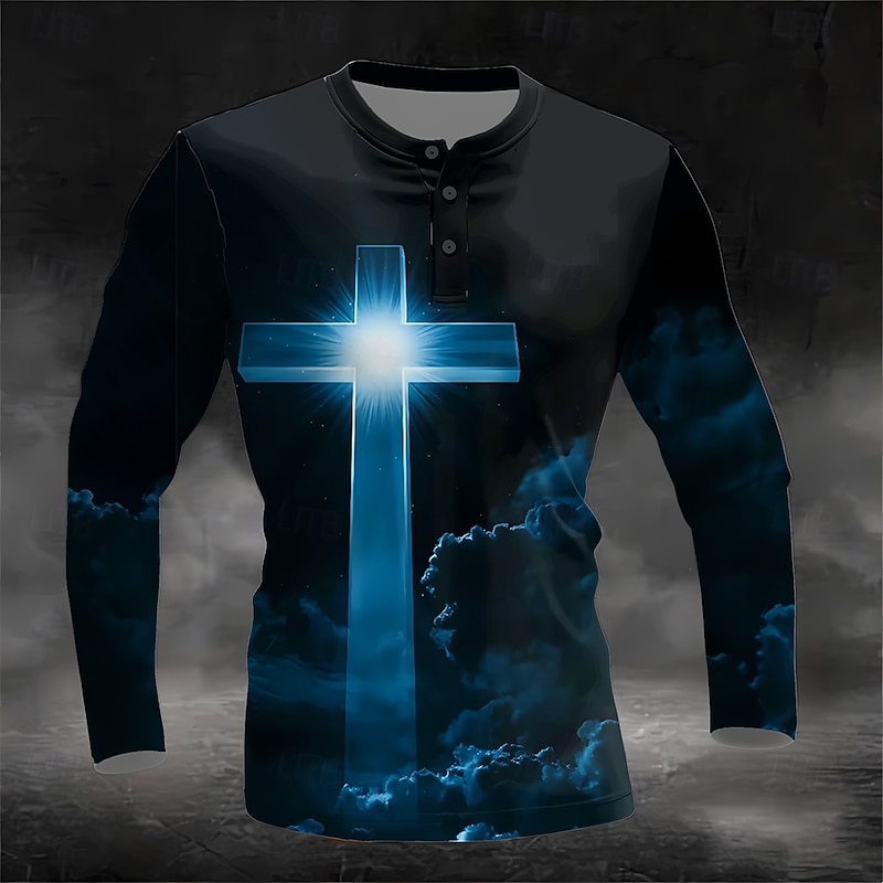 Men's Graphic Cross Henley Shirt Long Sleeve Fashion Cute Daily Casual Holiday Going out Spring &  Fall All Seasons Blue Green Red Henley Collar Henley Henley T-Shirt