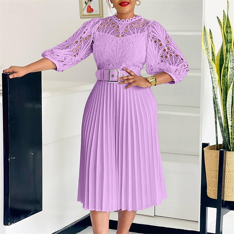 Women's Midi Dress Lace Dress Casual Dress Fashion Outdoor Party Holiday Regular Fit Plain 3/4 Length Sleeve Crew Neck Purple Green Khaki Summer2