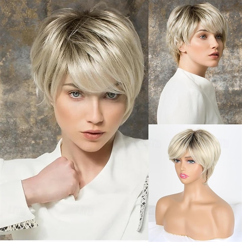 Short Hair Wigs for Women Blonde Wig with Bangs Pixie Cut Wig with Blonde Highlight Tousled Waves/Blended and Brown Rooted Shades(Shades of Blonde White and Brown)
