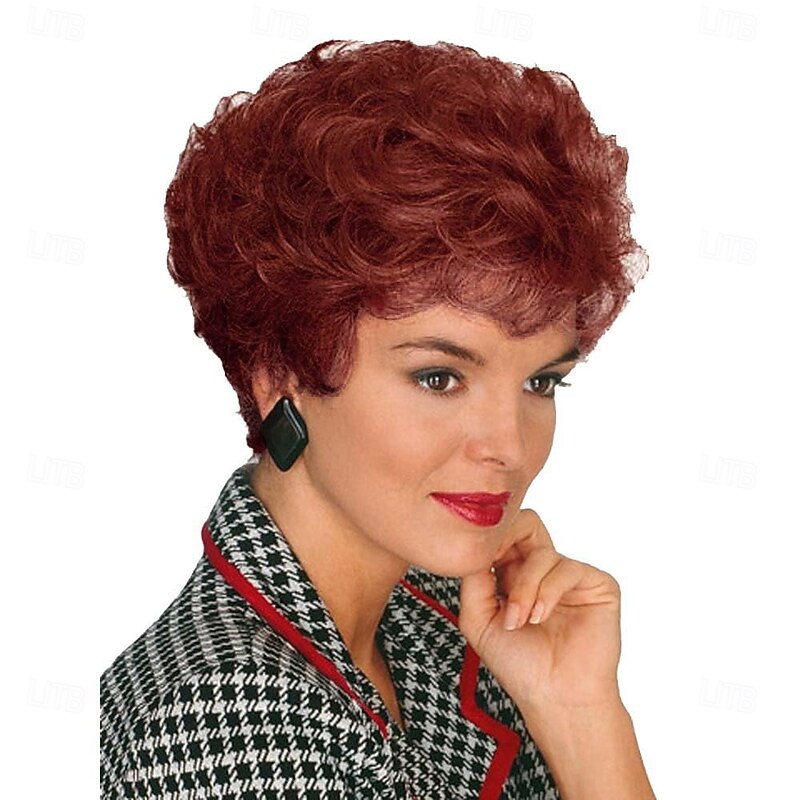 Synthetic Hair Auburn Wig With Bangs Womens Short Wigs Natural Curly Hairstyle Mommy Wigs Old Lady Costume Halloween Seniors Woman Red Shades Brown Wig