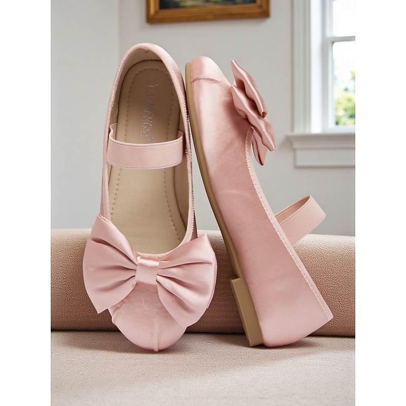 Women's Pink Satin Bow Ballet Flats – Stylish Retro Chic Flats for Urban Commute, Office Wear, and Weekend Walks
