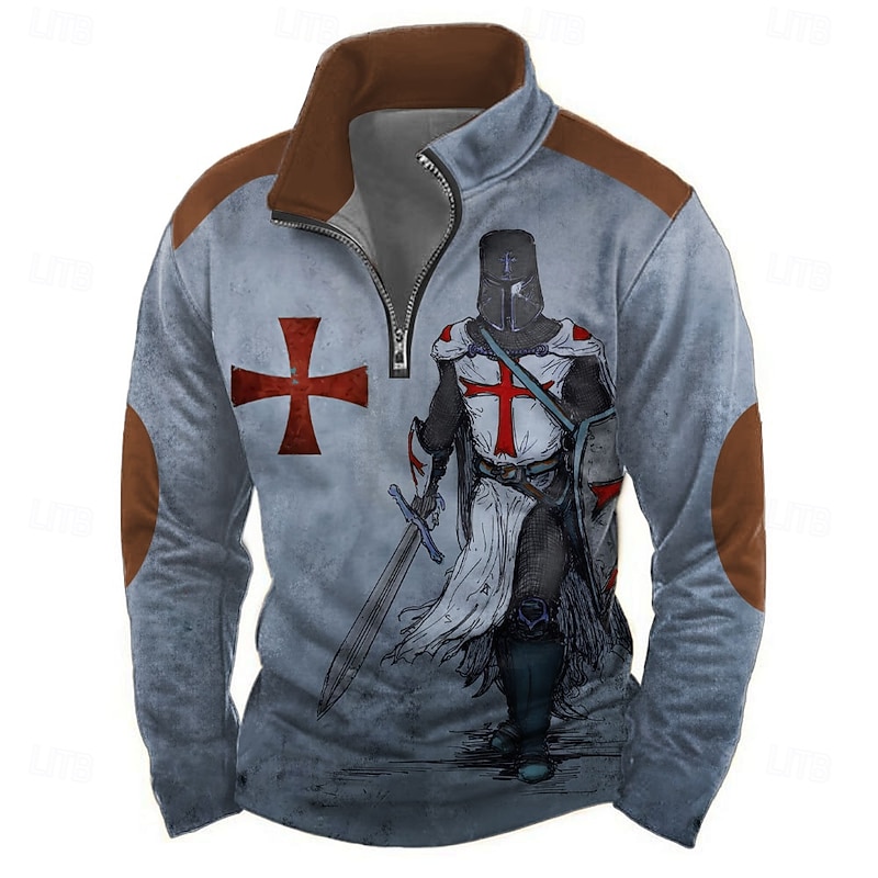 Men's Knights Templar Sweatshirt Casual Vintage Retro Long Sleeve High Neck Vacation Streetwear Blue Green Zipper Quarter Zip Fall Winter Designer4