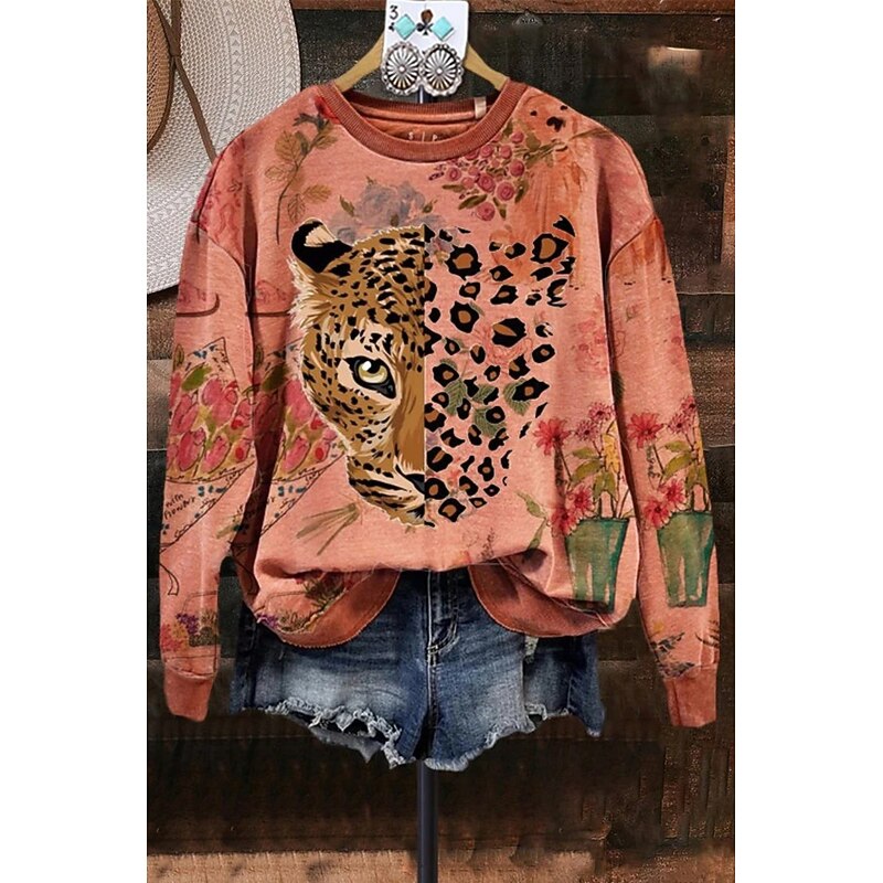 Women's Sweatshirts Graphic Leopard Casual Long Sleeve Crew Neck Regular Tops Street Dailywear Casual Print Purple Orange Green Spring Fall Winter