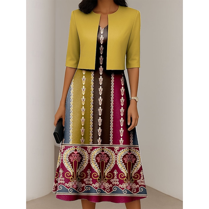 Women's Dress Set A Line Dress Summer Dress Elegant Casual Graphic Paisley Print Midi Dress Half Sleeve V Neck Formal Vacation Yellow Blue Purple Spring Fall Regular Fit