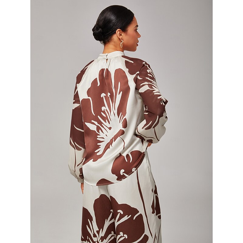 Women's Satin Shirt  Abstract Floral Print  Stand Collar Raglan Puff Sleeves Regular Fit All - Season Wear2