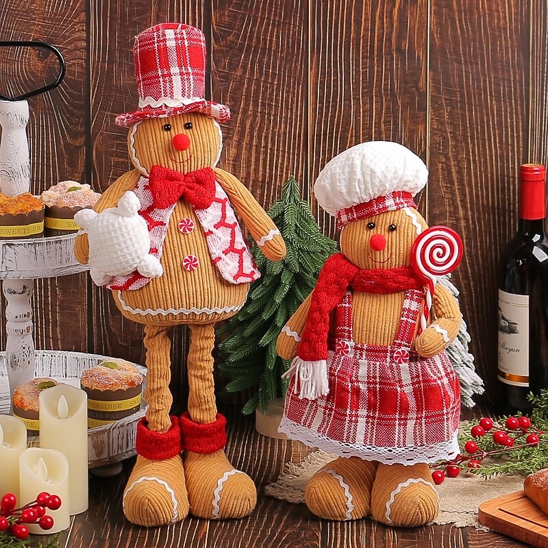 Christmas Stretchable Gingerbread Doll with Cute Chef Hat Adorable Couple Plush Figurines Standing Window Display Festive Holiday Decoration Gift for Home