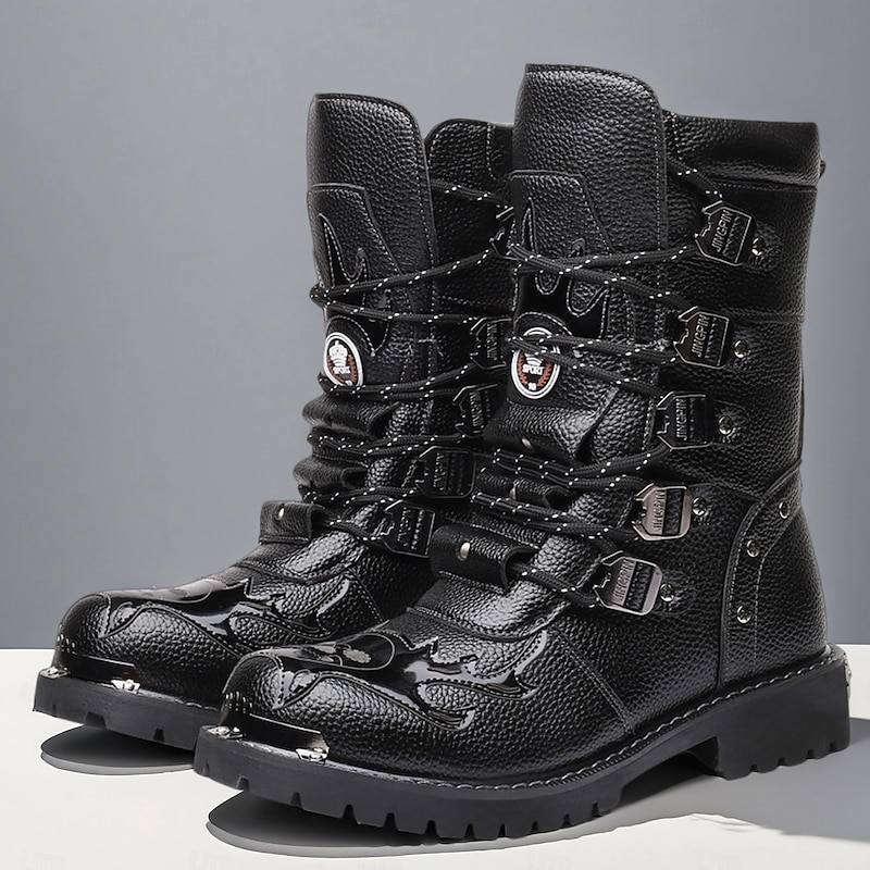 Men's Black Combat Boots with Buckle Straps – Gothic Punk High-Top Military Boots for Streetwear, Cosplay and Outdoor Festivals