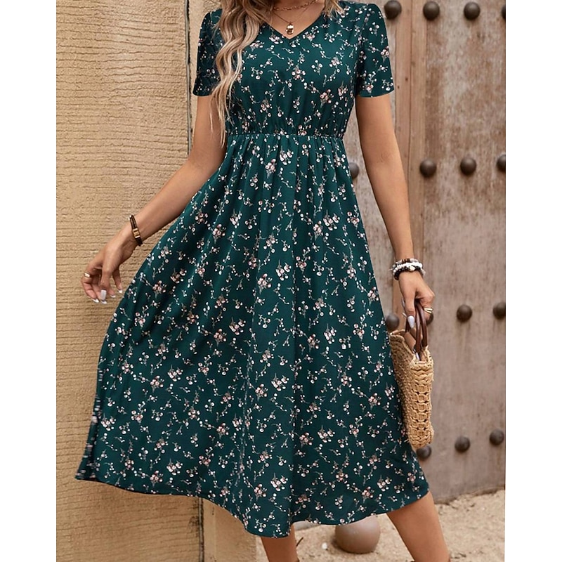 Women's Midi Dress Floral Dress Print Dress Classic Modern Outdoor Vacation Holiday Regular Fit Flower Short Sleeve V Neck Black Royal Blue Brown Green Summer2