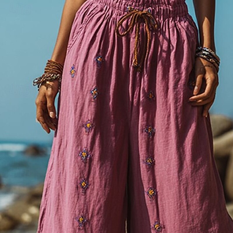 Women's Wide Leg Pants Trousers Palazzo Pants Fashion Boho Full Length High Waist Flower Drawstring Elastic Waist Print Breathability Comfortable Street Daily Wear Going out Rose Red Spring Fall2