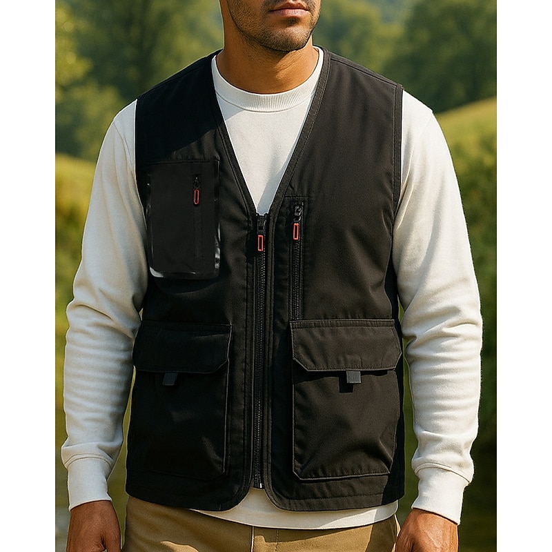 Men's Fishing Vest Cargo Vest Sleeveless Vest Outdoor Quick Dry Multiple Pockets Nylon Black White Army Green Hunting Fishing Climbing