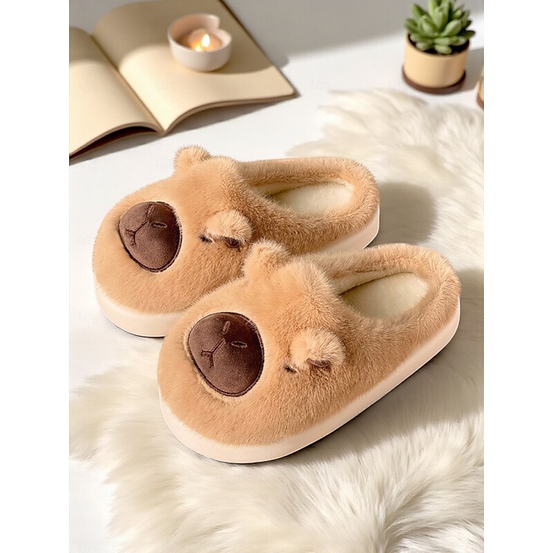Women's Plush Capybara Bear Slippers – Warm Fleece Indoor Shoes with Cute Animal Design for Home, Bedroom and Cozy Winter Days